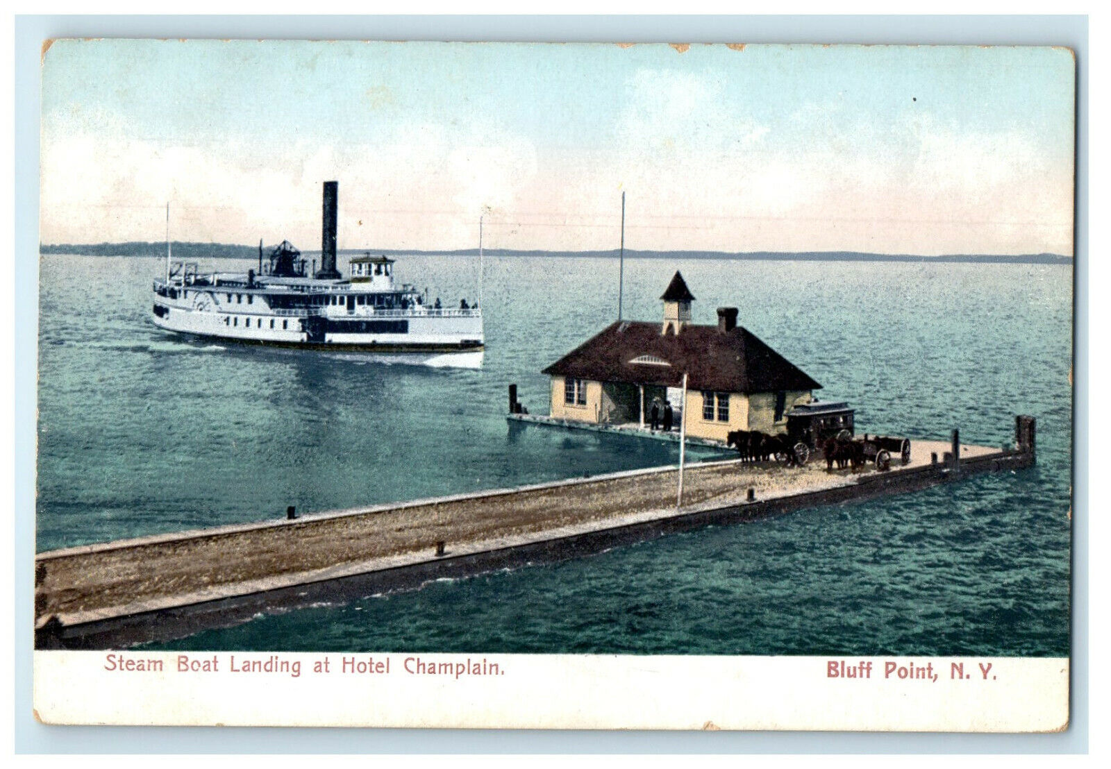 1910 Boat Landing at Hotel Champlain, Bluff Point NY Bridport VT Postcard