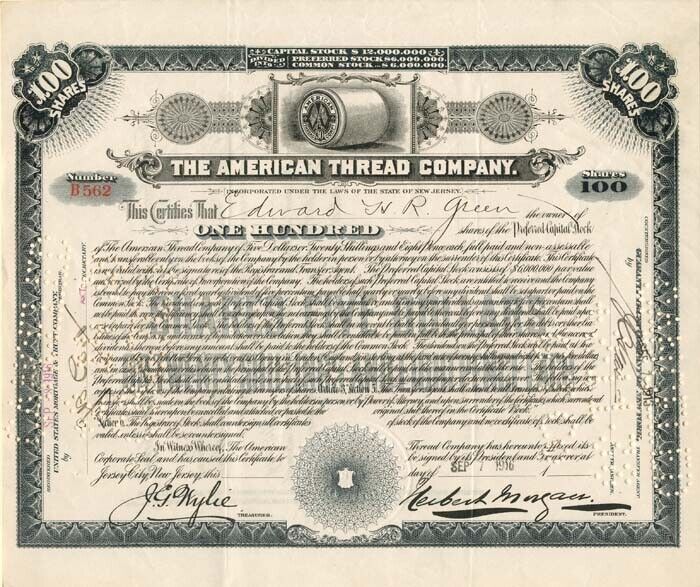 American Thread Co. Issued to Edward H.R. Green - Stock Certificate - Autographe