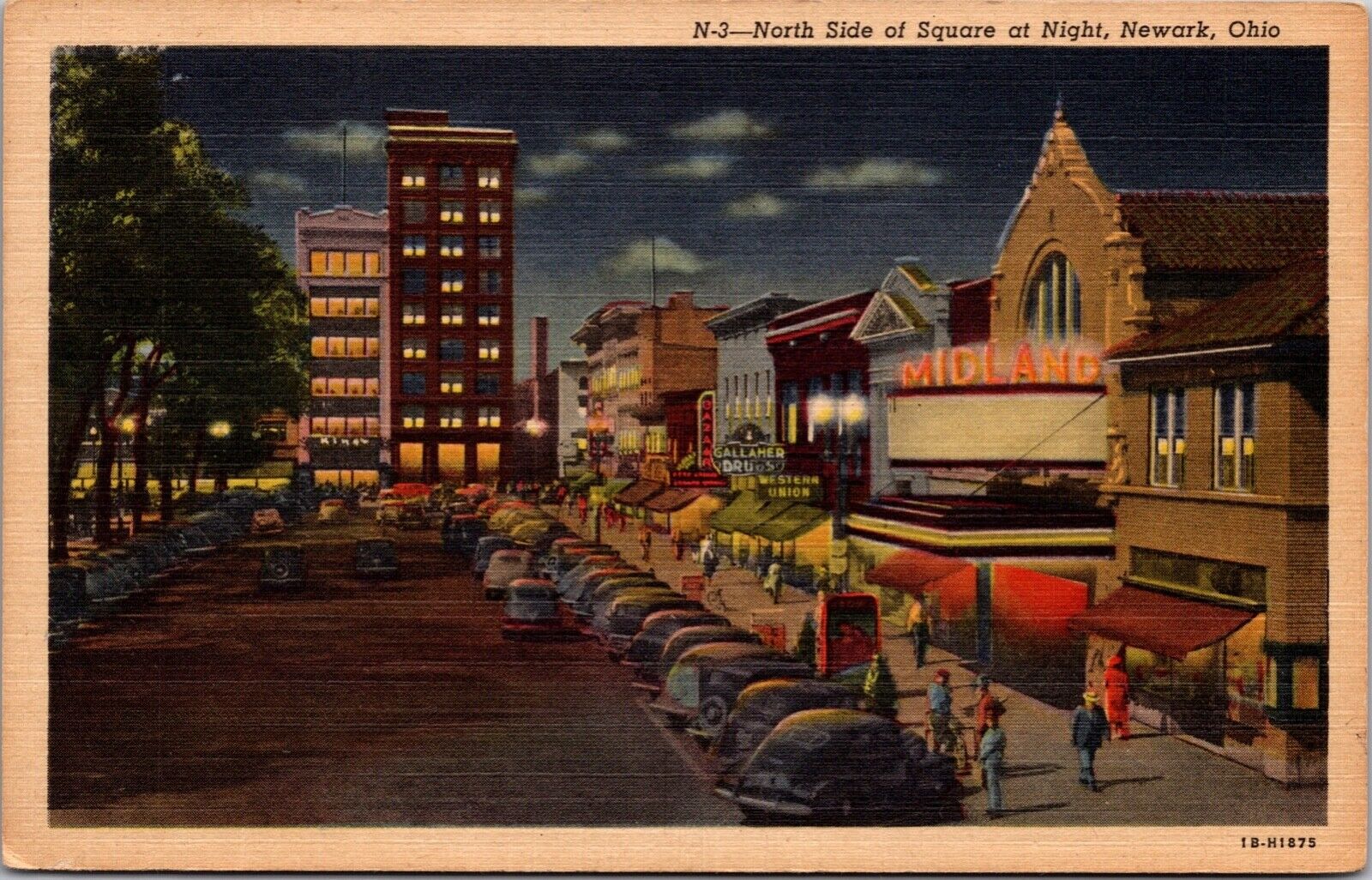 Linen Postcard North Side of Square at Night in Newark, Ohio~2921