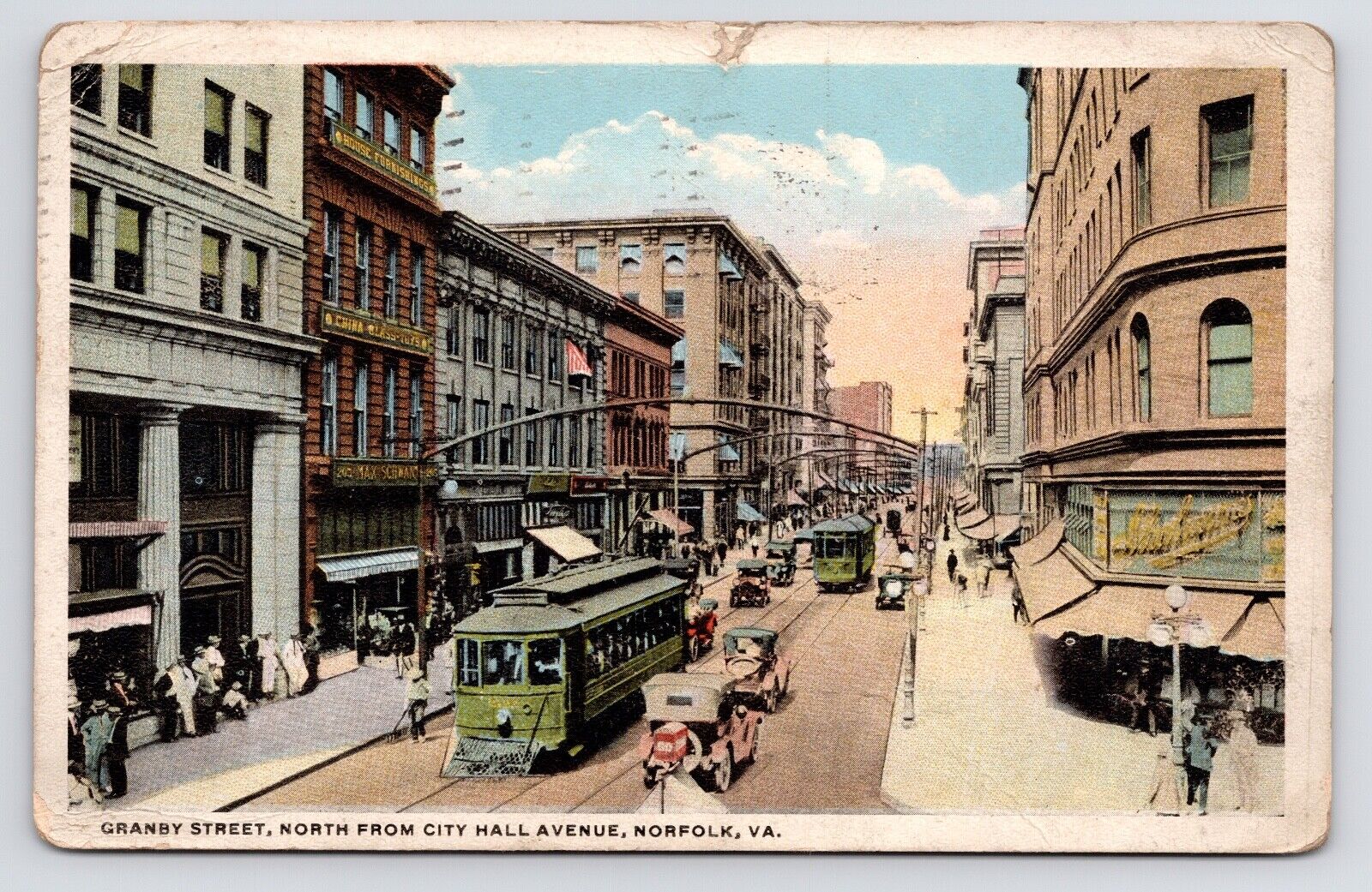 c1915~Norfolk Virginia VA~Granby Street~Trolleys~Cars~Stores~Vintage Postcard