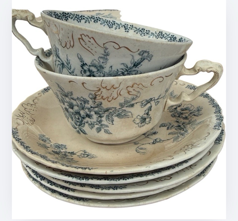 Antique John Edwards MAINE 5 Tea Cups & Saucers Green Transfer Gold Gilt c1890s Antique John Edwards MAINE 5 Tea Cups & Saucers Green Transfer Gold Gilt c1890s