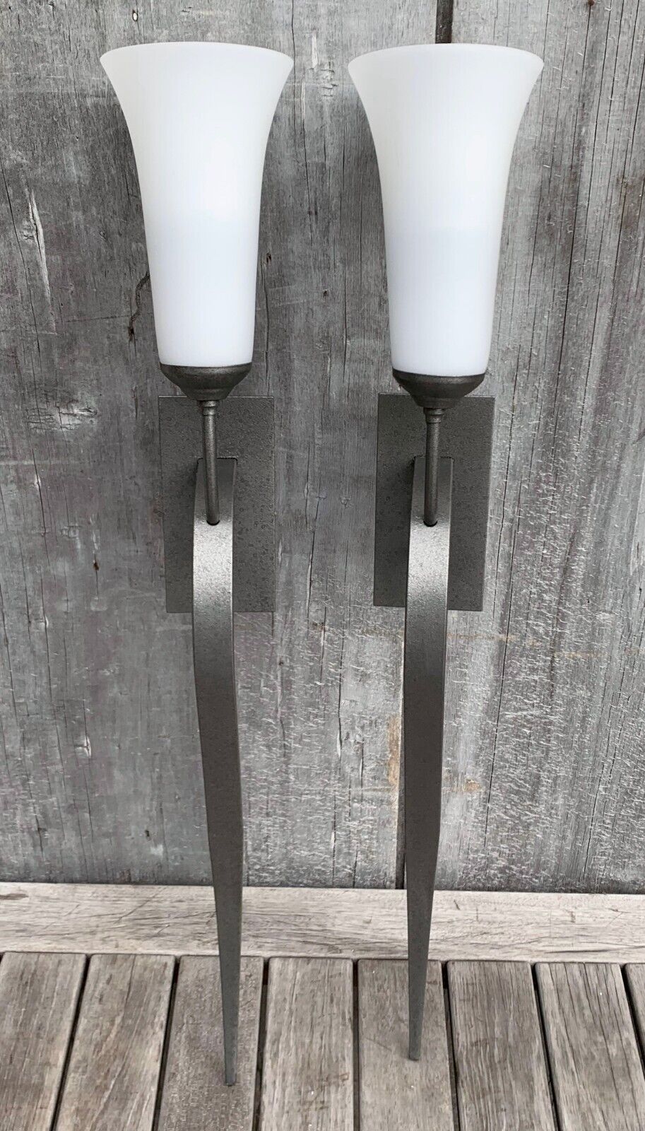 Hubbardton Forge Pair of Sweeping Taper 1-Light Wall Sconces in Iron, Opal Glass