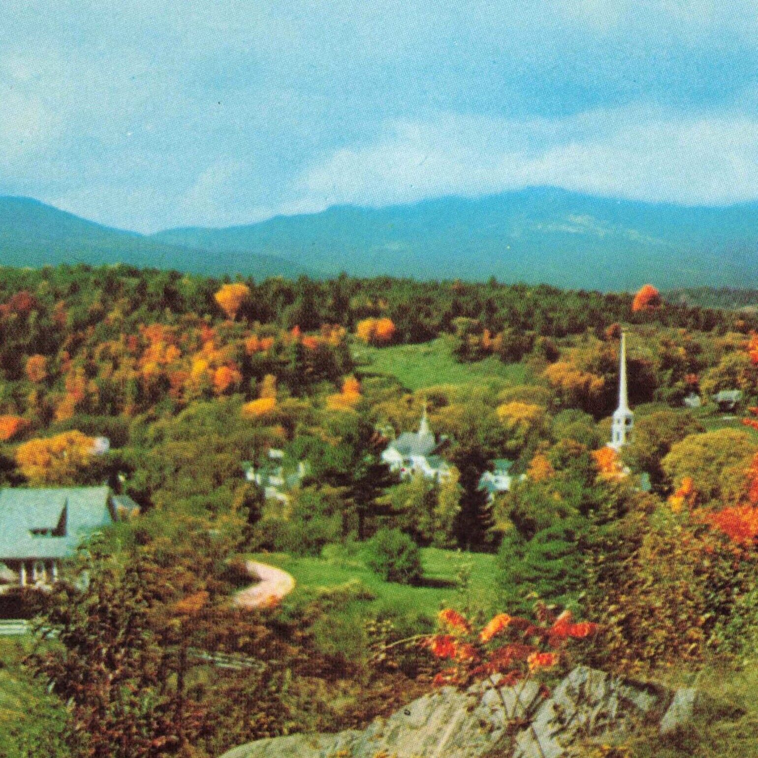 Stowe's Church VT Mount Sterling Range Mansfield Vermont Chrome Autumn Postcard