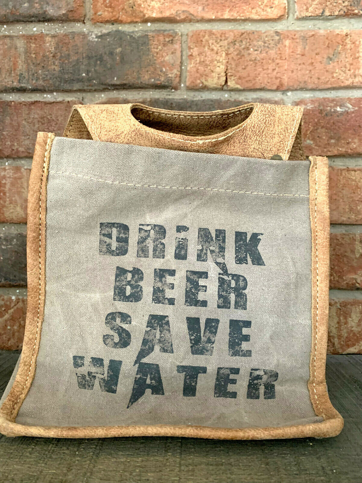 Myra Bag Drink Beer Save Water Leather Canvas Holds Six Cans or Bottles