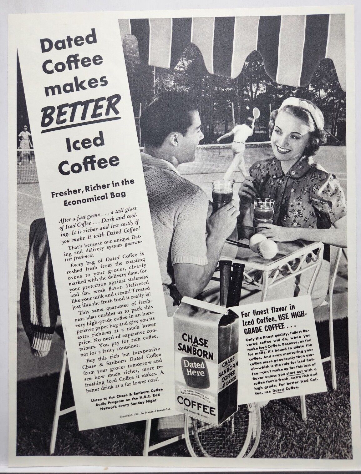 1937 Chase & Sanborn Coffee Tennis Couple Vintage Print Ad Man Cave Poster Art