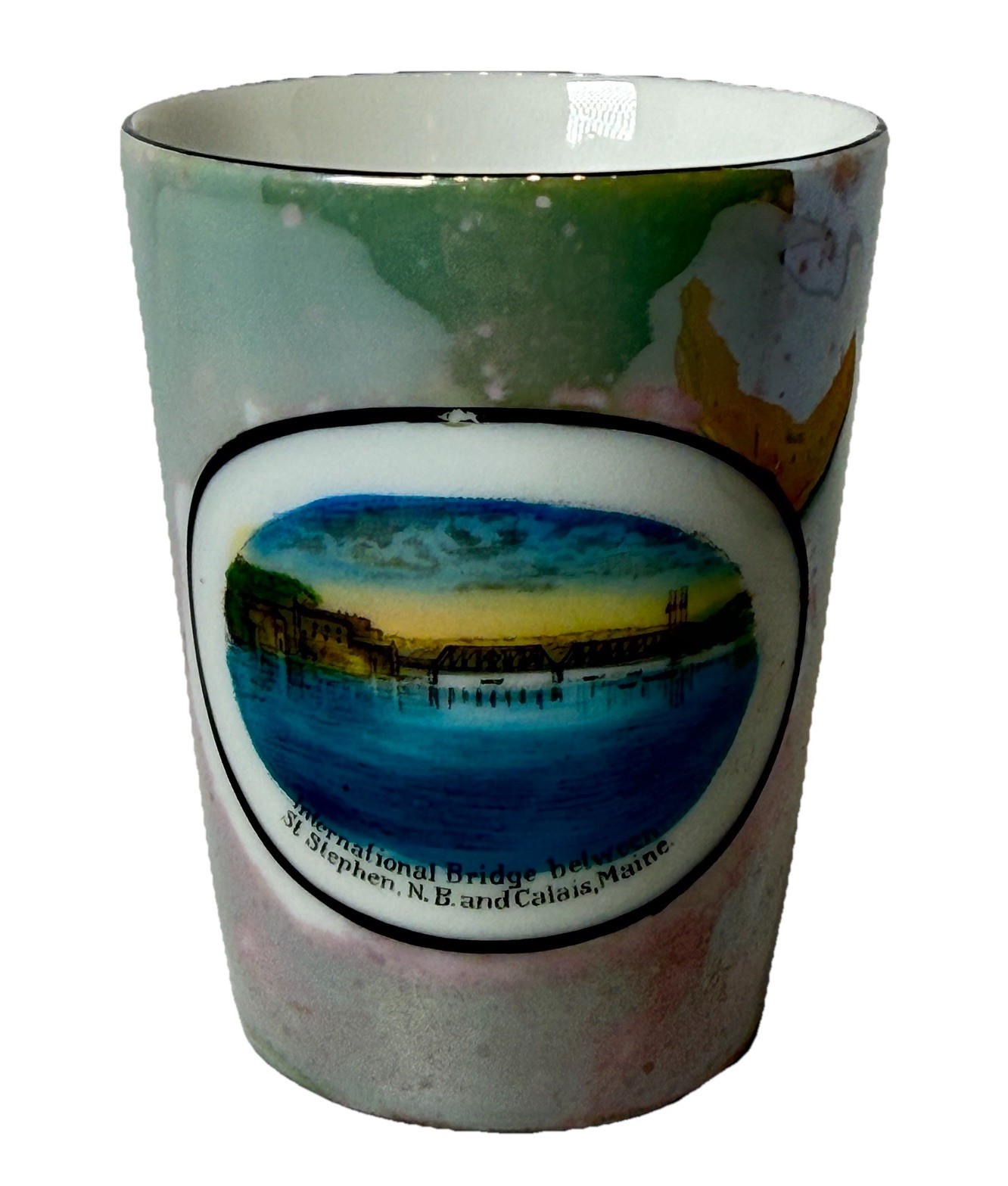 CALAIS MAINE ME Antique INTERNATIONAL BRIDGE Souvenir PAINTED TRINKET CUP CALAIS MAINE ME Antique INTERNATIONAL BRIDGE Souvenir PAINTED TRINKET CUP