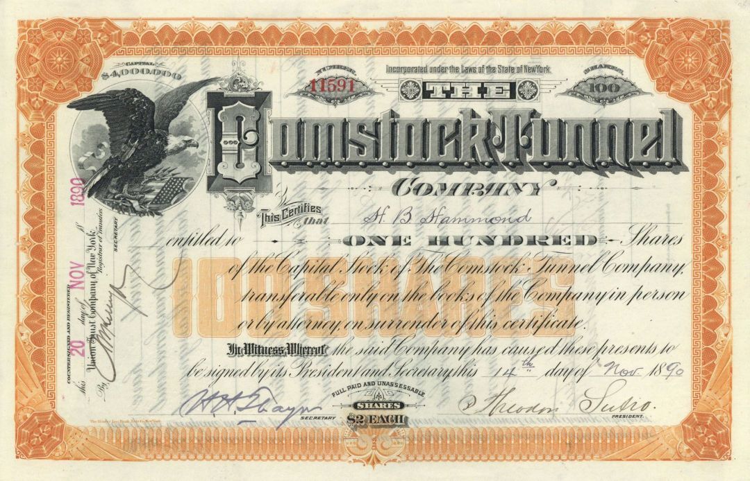 Comstock Tunnel Co. signed by Theodore Sutro - Autographed Stock Certificate - A
