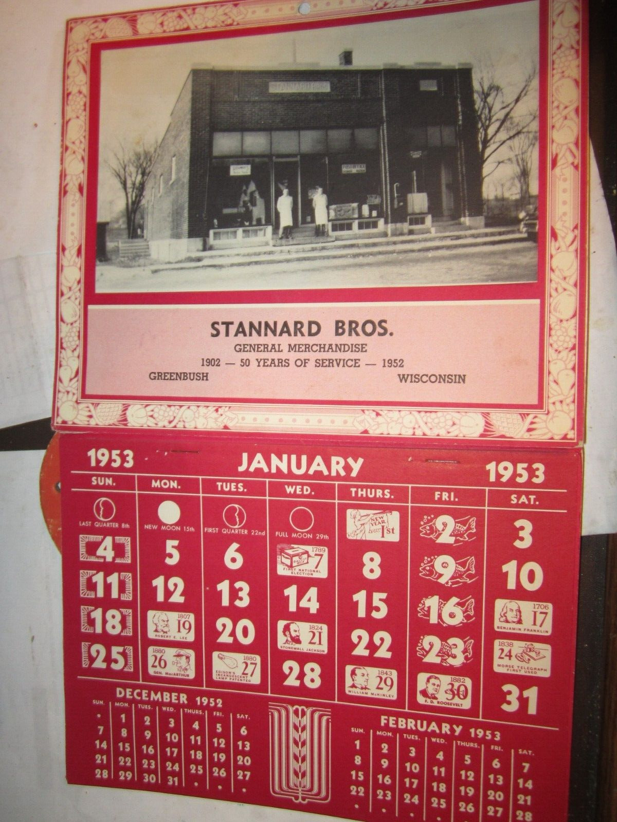 1953 XMAS Calendar STANNARD BROS GENERAL STORE GREENBUSH WI