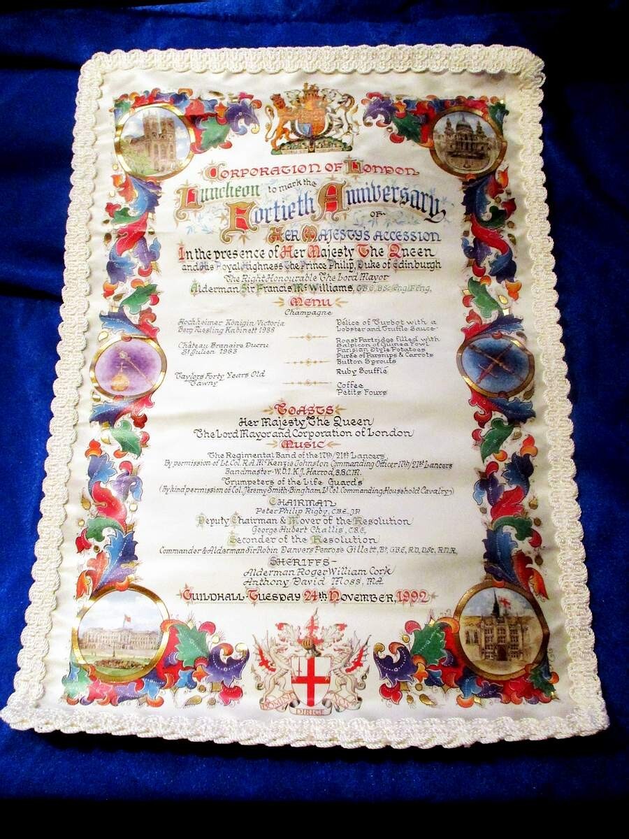 Guildhall Luncheon Menu HRM Queen Elizabeth II, 40th Aniv. Nov. 24th, 1992