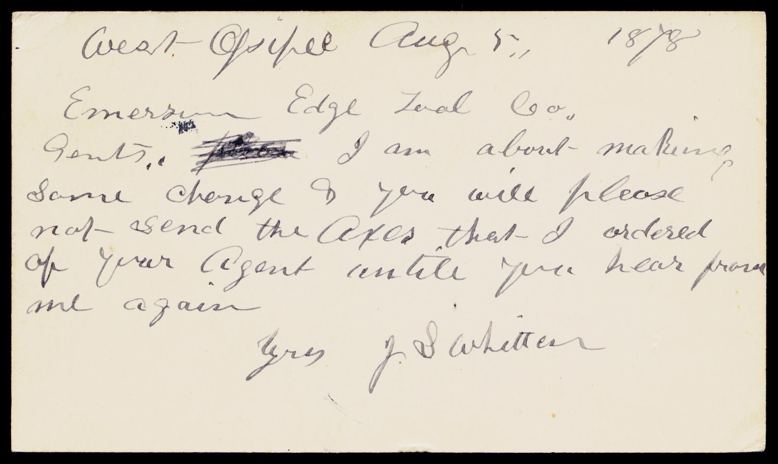 1878 Emerson Edge Tool Co Taftsville VT Victorian Axe Hardware Postal Card NH 1878 Emerson Edge Tool Co Taftsville VT Victorian Axe Hardware Postal Card NH