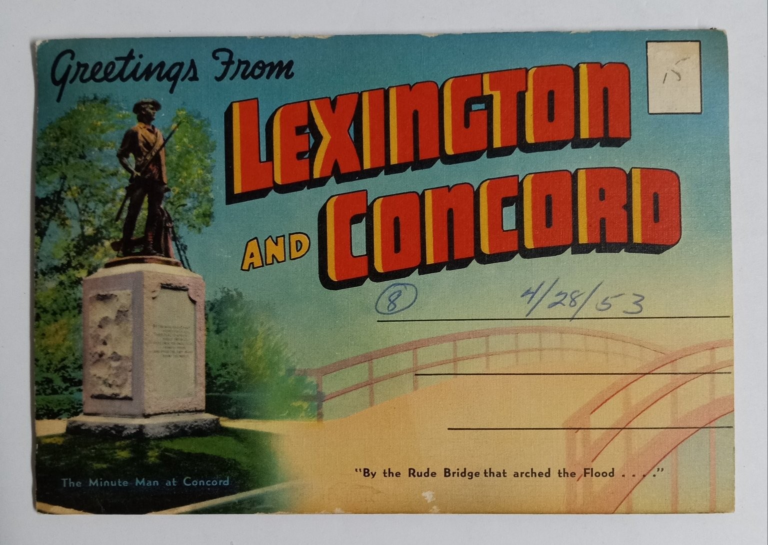 Vintage Lexington & Concord MA Folder Postcard Minute Man Rude Bridge 1953