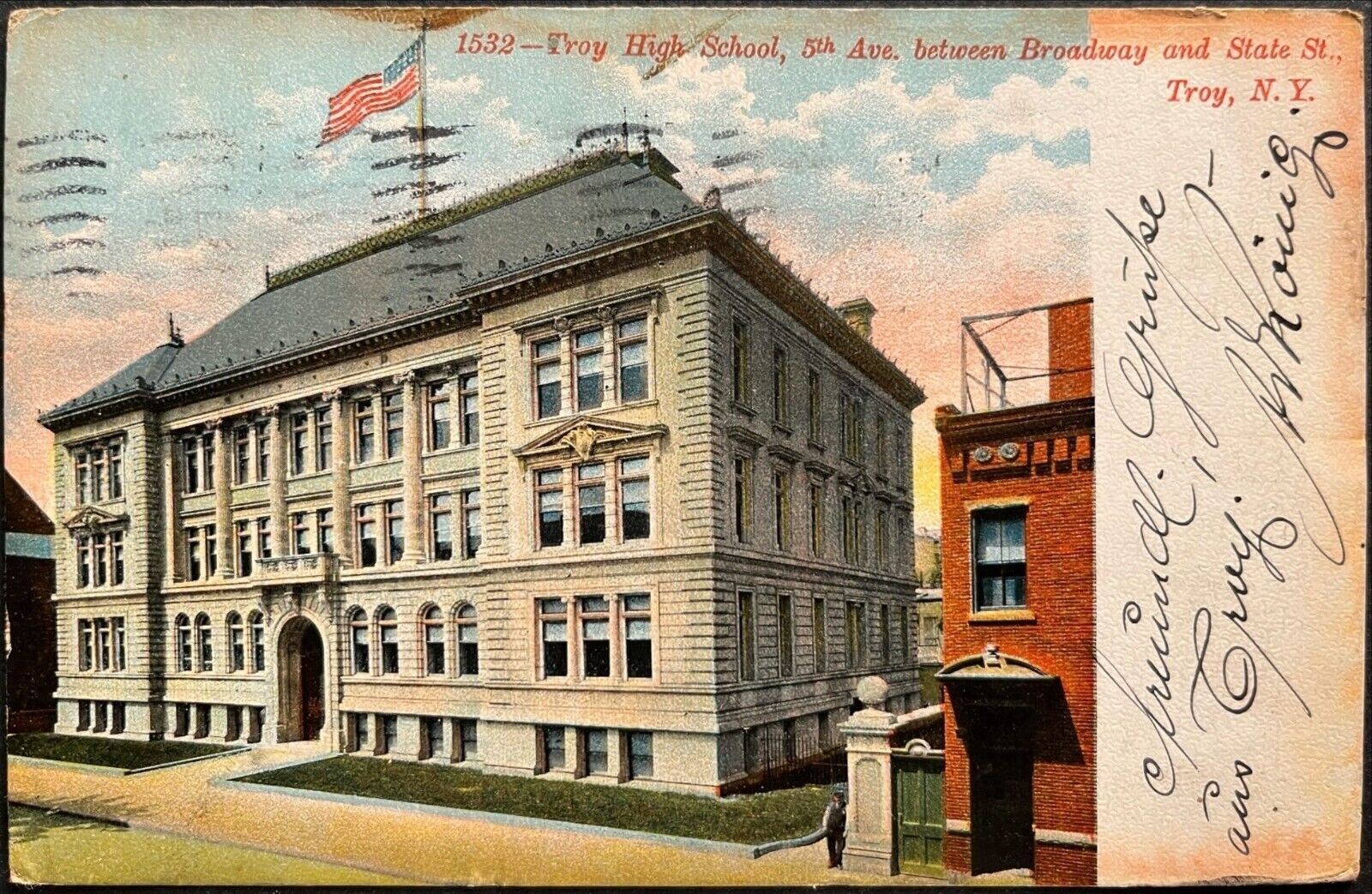 1907 Troy, NY PC Troy High school 5th ave between Broadway and State St.