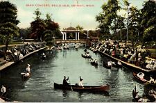 Band Concert Belle Isle Detroit Michigan Canoe WOB 1c Stamp Antique Postcard PM picture