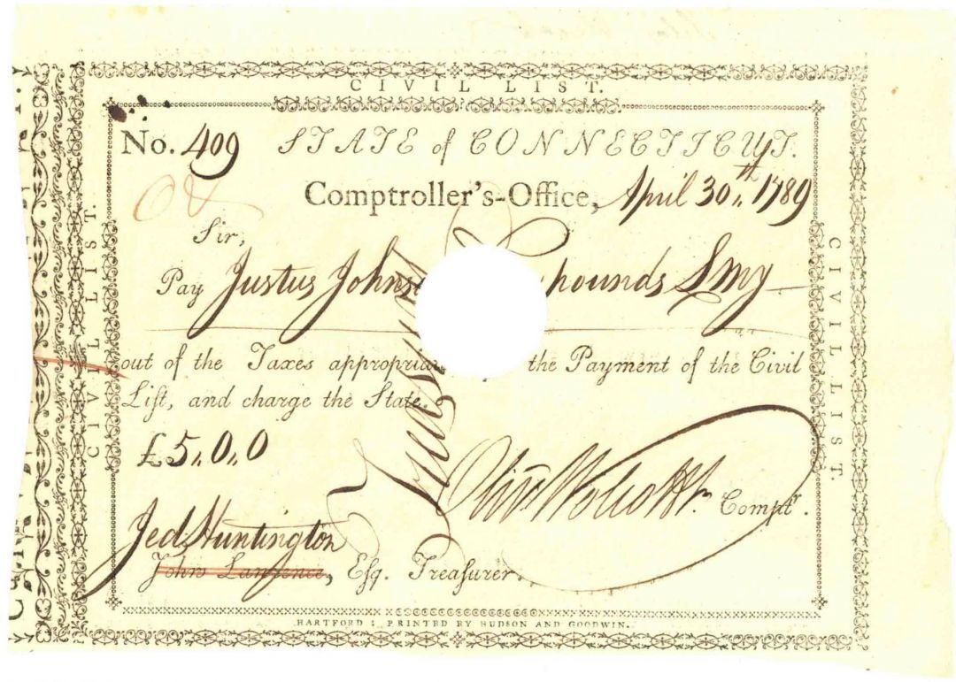 1789 dated Payment Order signed by Oliver Wolcott, Jr. & Jedediah Huntington - A