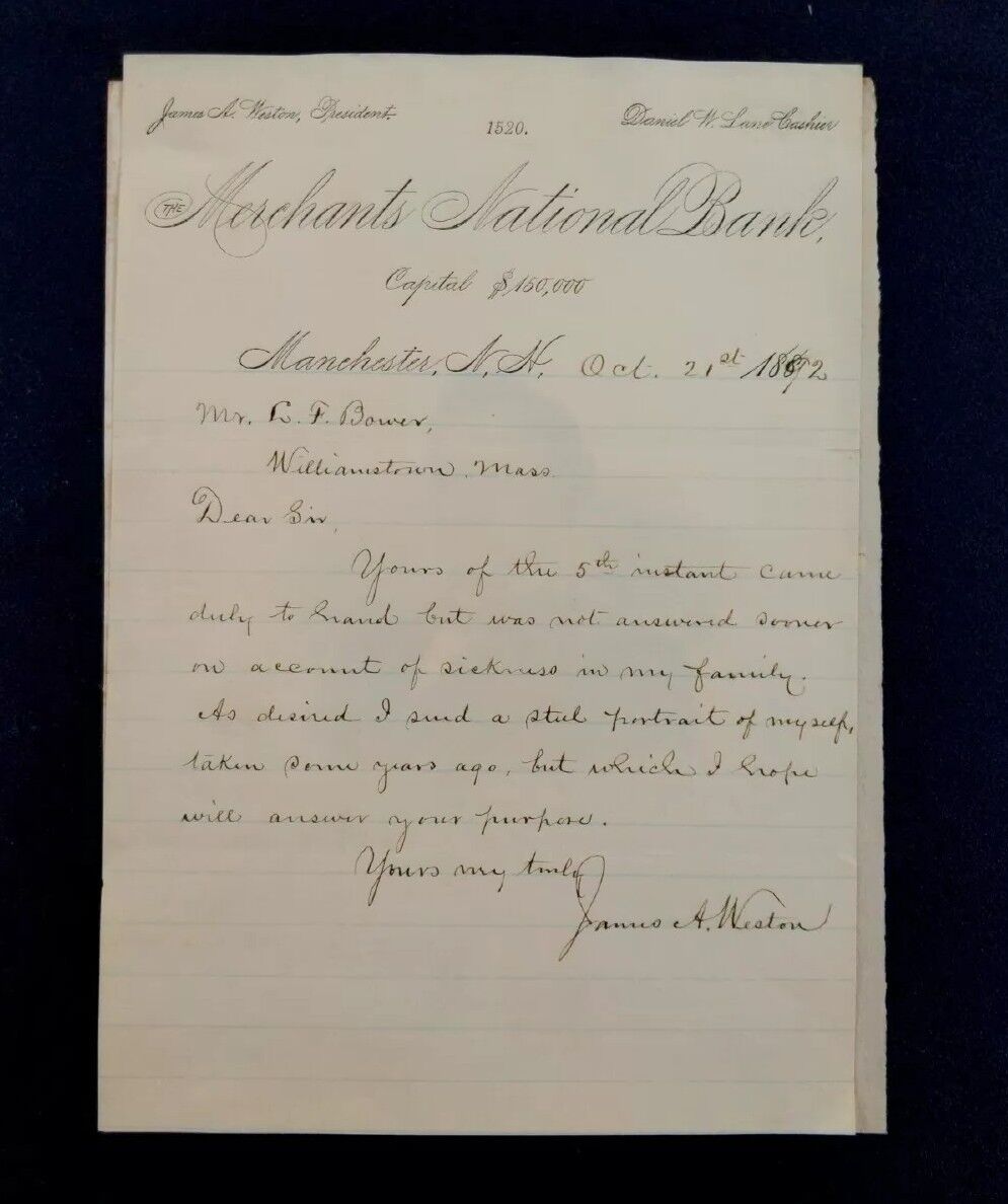 1892 N.H.Governor James A Weston Handwritten Autographed Letter & Steel Portrait