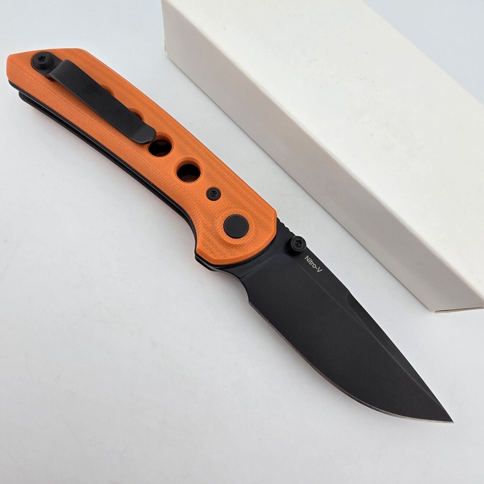 Reate Knives PL-XT Folding Knife Pivot Lock Orange G10 Handle Black NitroV Blade