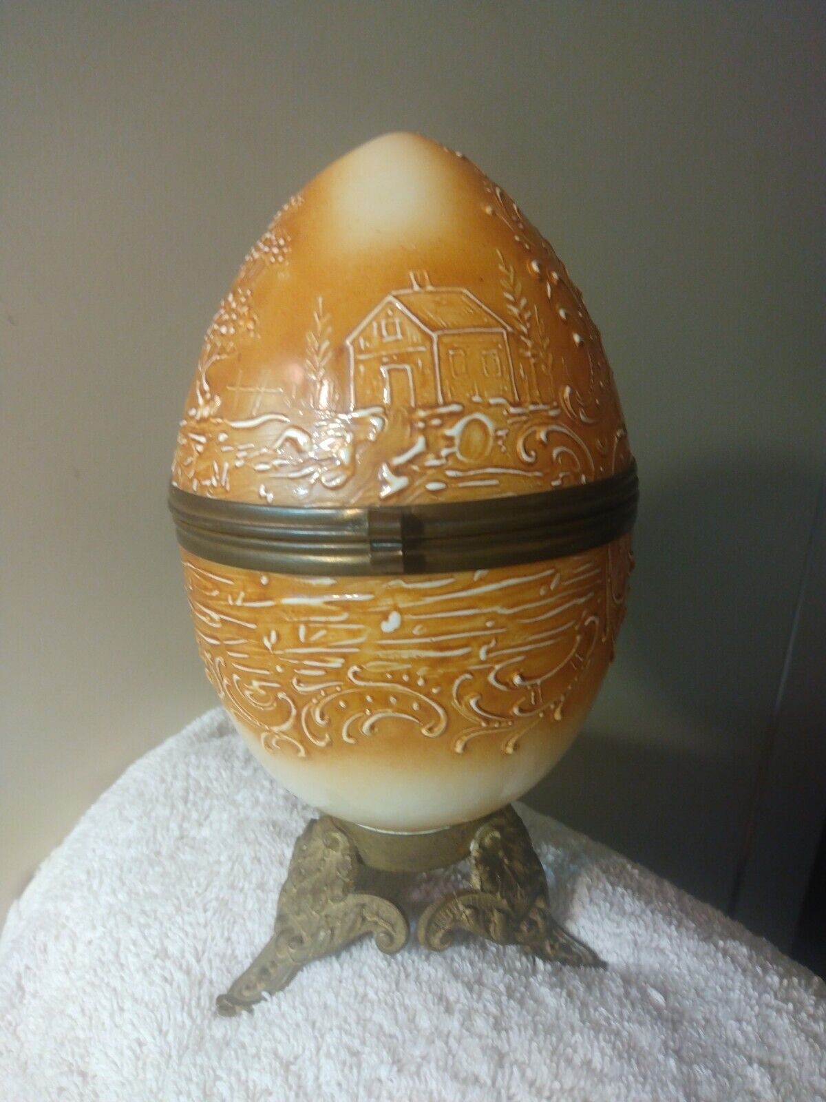 Antique Bristol Glass Amber Egg Casket Trinket Box w Fine Ormalu & Base w Scene