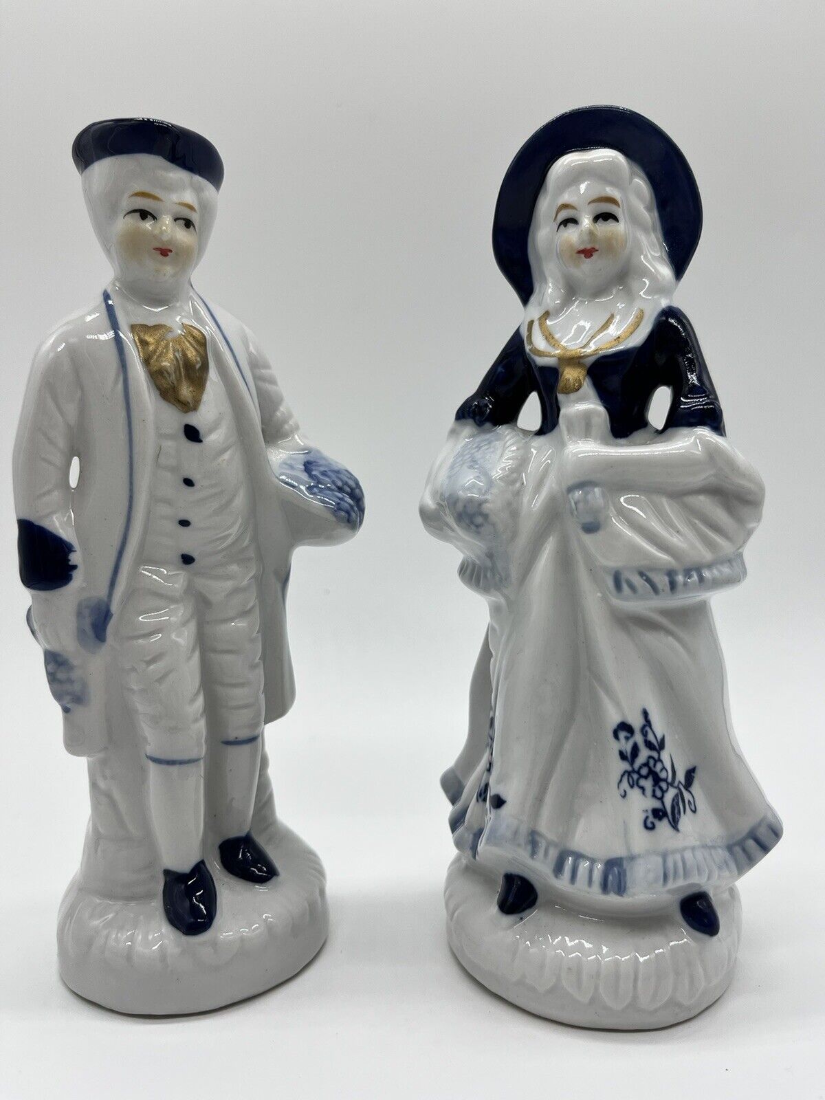 Vintage Victorian Porcelain Figurines Couple Blue and White with Gold Trim 6.5\