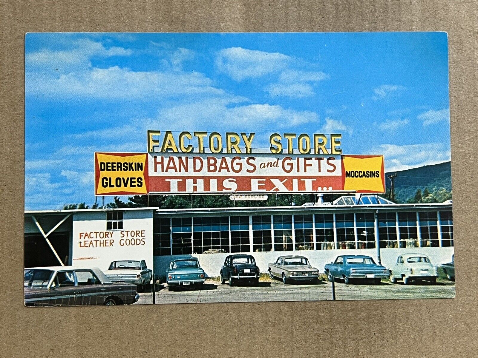 Postcard Brattleboro VT Factory Store Leather Gloves Handbags Old Cars Roadside