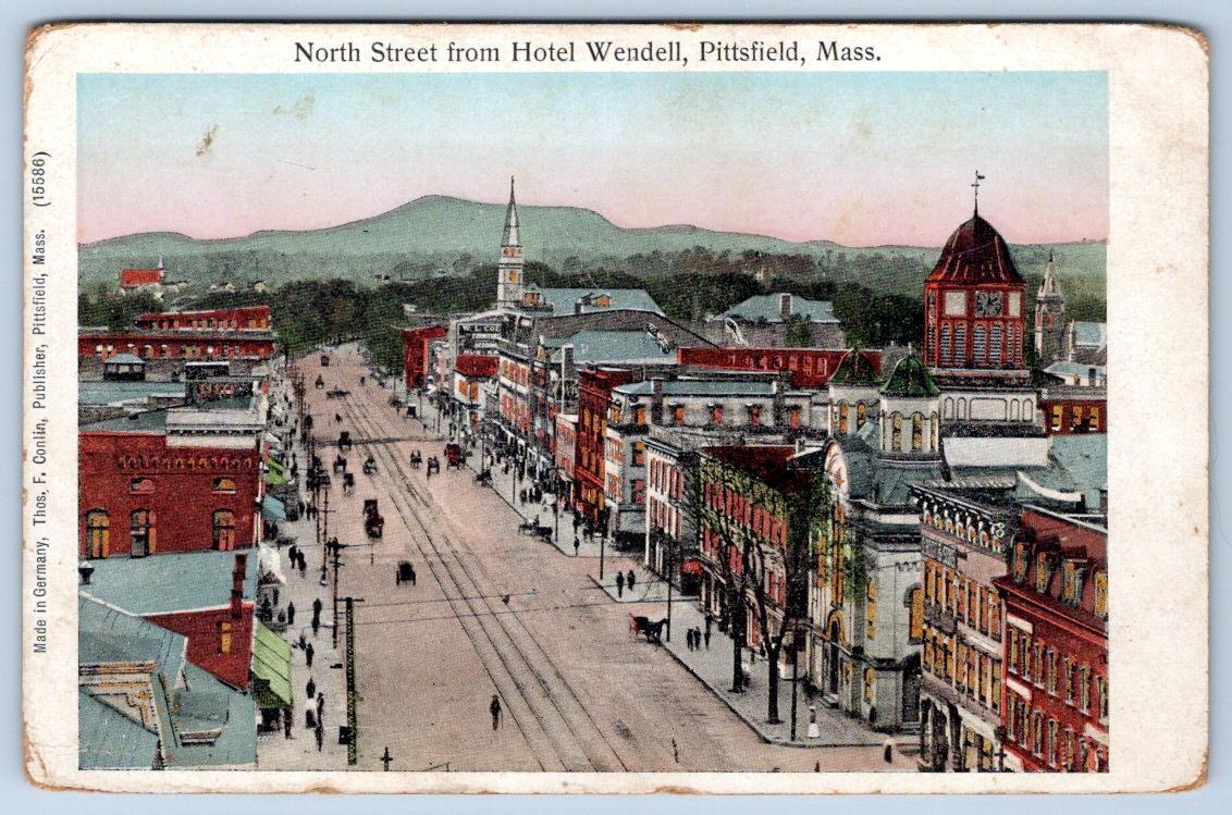 Pre-1908 PITTSFIELD MA NORTH STREET FROM HOTEL WENDELL*WINDOWS ARE GOLD METALLIC
