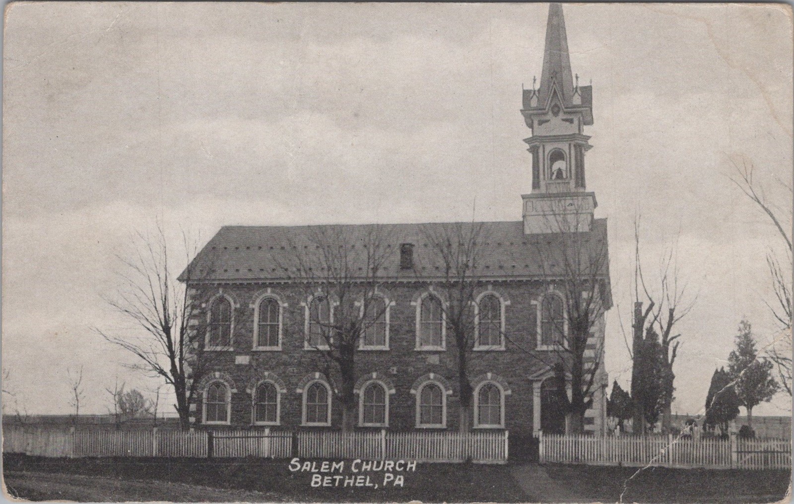 Salem Church Bethel PA Stone Building Steeple Picket Fence Millar 1914 Postcard Salem Church Bethel PA Stone Building Steeple Picket Fence Millar 1914 Postcard
