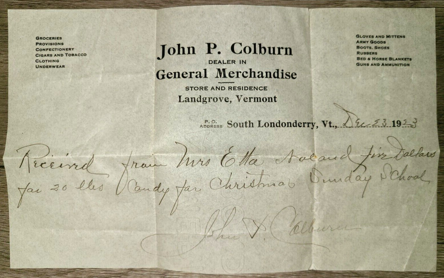 Antique ephemera, John P. Colburn Store 1923 bill of sale, Landgrove, Vermont