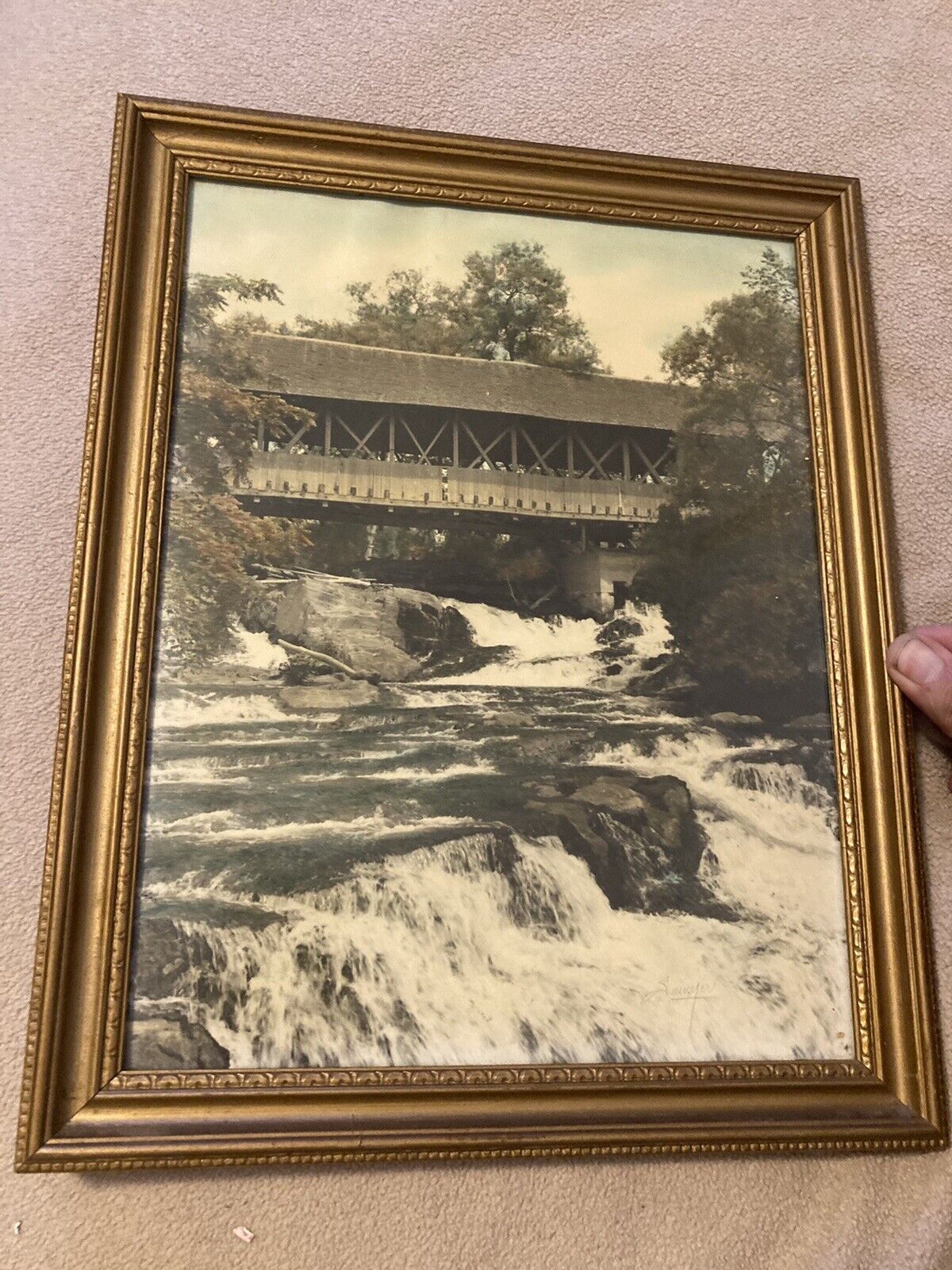 Antique 30s Barnet Vermont Stevens Falls Covered Bridge Hand Tinted Photo Sawyer