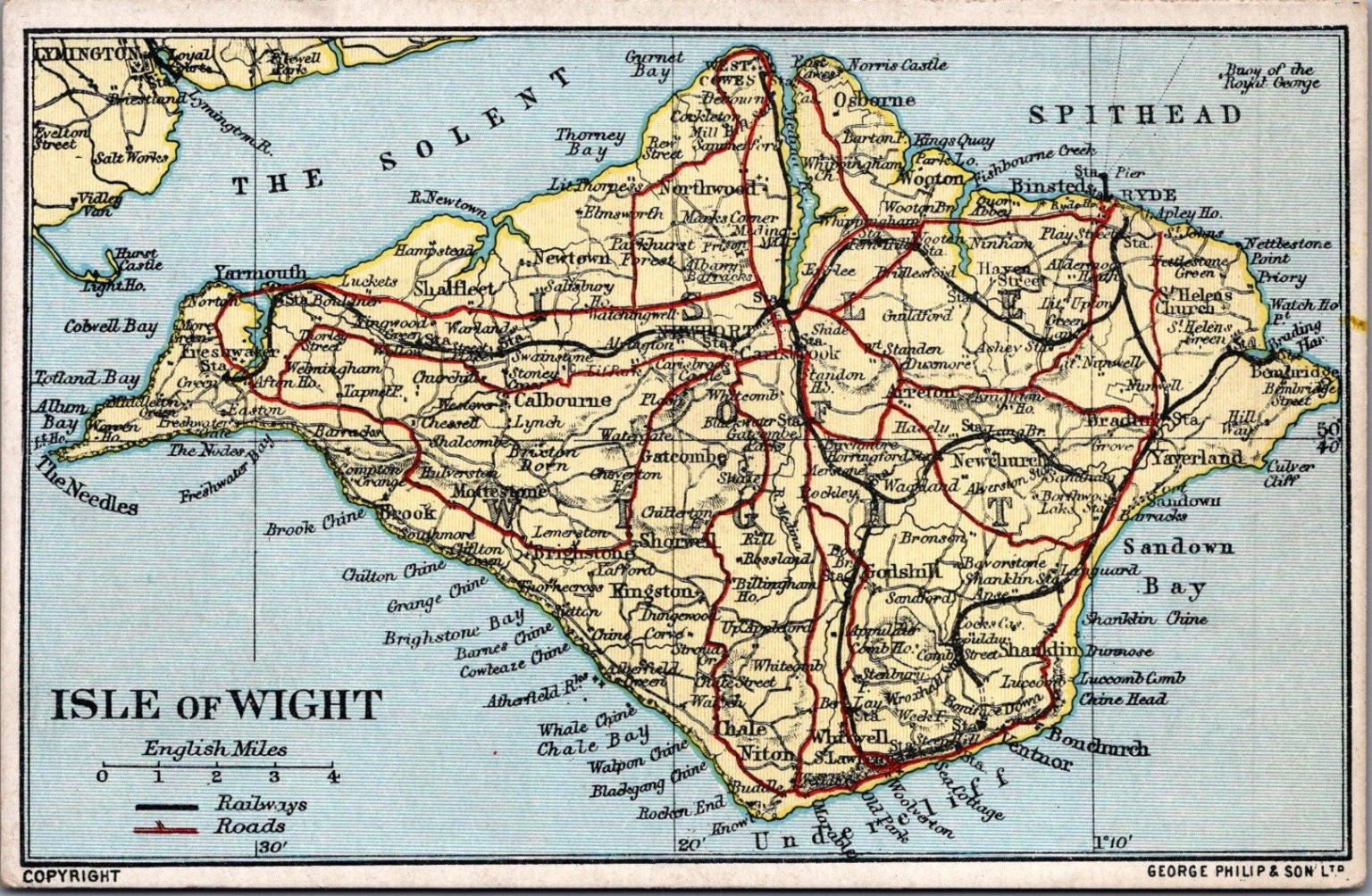 Isle of Wight Map Postcard - Railways Roads - George Philip & Son Ltd