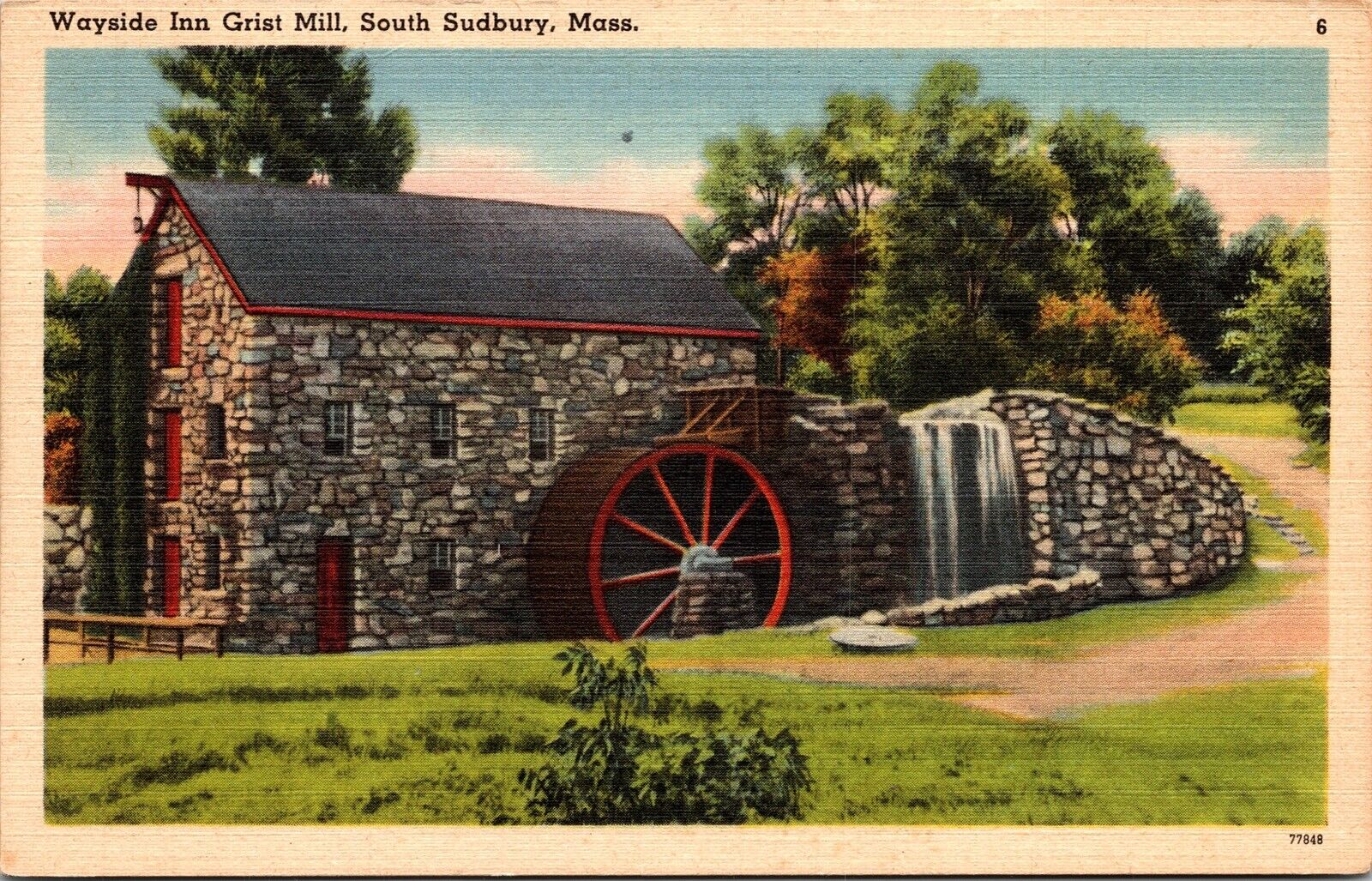Wayside Inn Grist Mill South Sudbury Mass MA Massachusetts Linen Postcard Mill