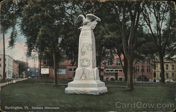 1909 Burlington,VT Soldiers Monument Leighton Chittenden County Vermont Postcard