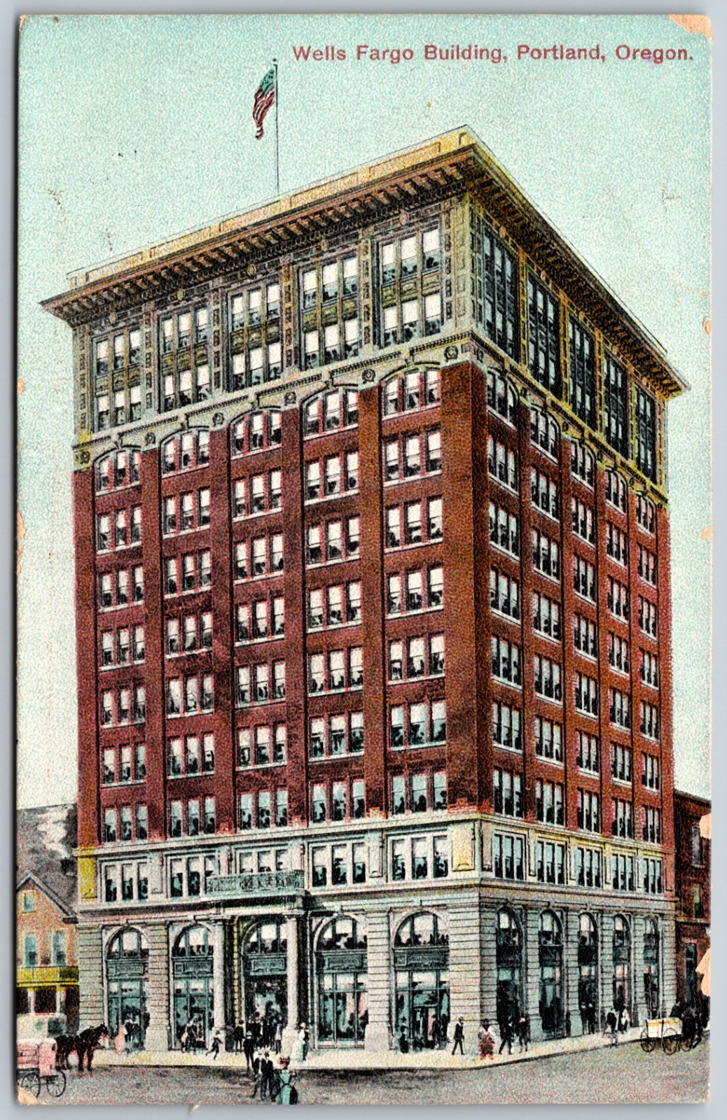 1908 Wells Fargo Building Portland Oregon Horse Carriage ANTIQUE Postcard 10627