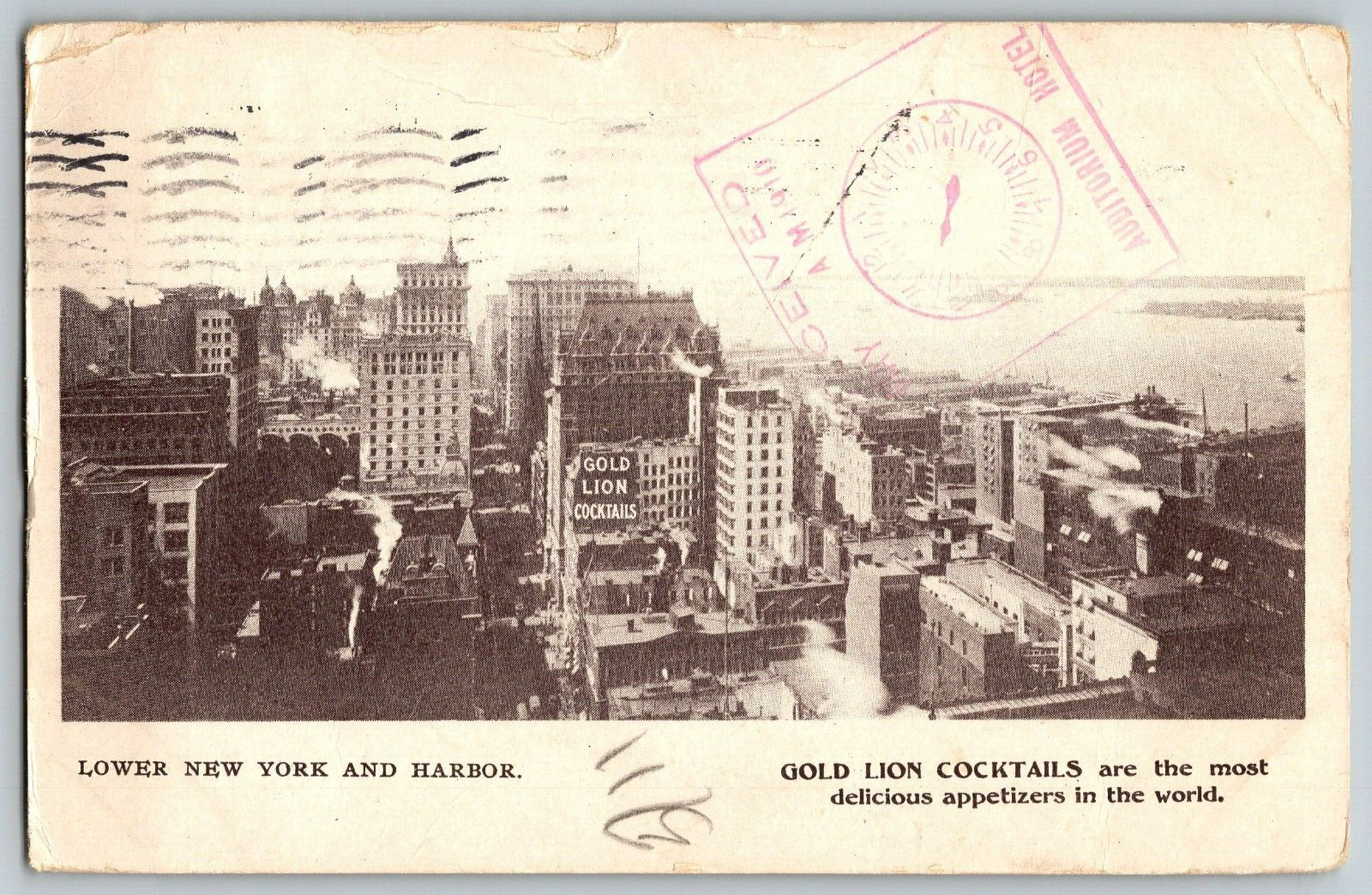 Lower New York & Harbor - Gold Lion Cocktails - Vintage Postcard Posted 1910