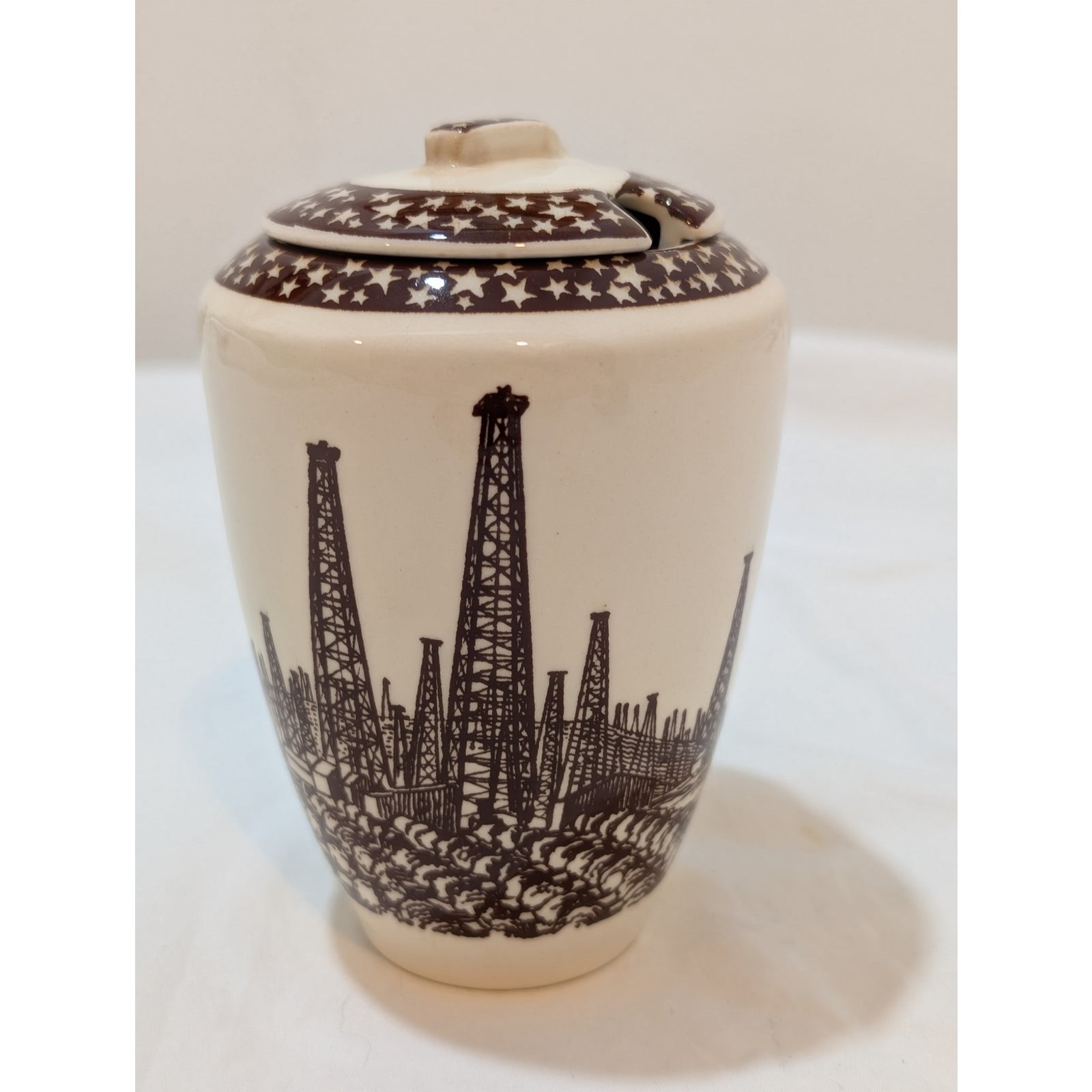 Vintage Vernon Kilns Rockwell Kent Our America Texas Oil Derrick Jam Jar Vintage Vernon Kilns Rockwell Kent Our America Texas Oil Derrick Jam Jar