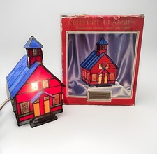 VTG Tiffany Style Illuminated Stained Glass Schoolhouse Village Night Light BOX picture
