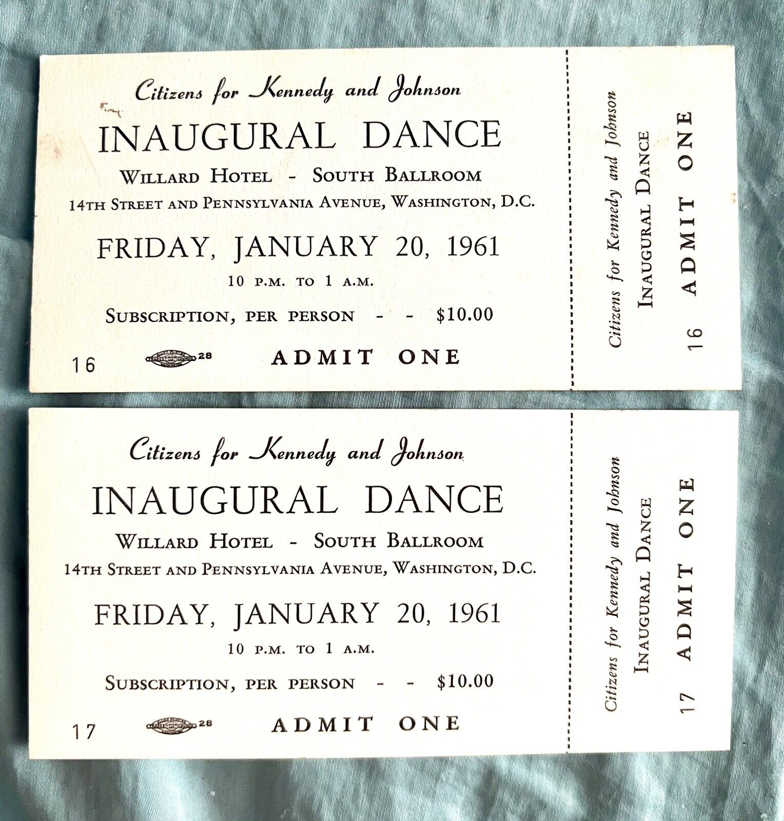 20 January 1961 Kennedy & Johnson Inaugural Dance Intact Tickets Willard Hotel