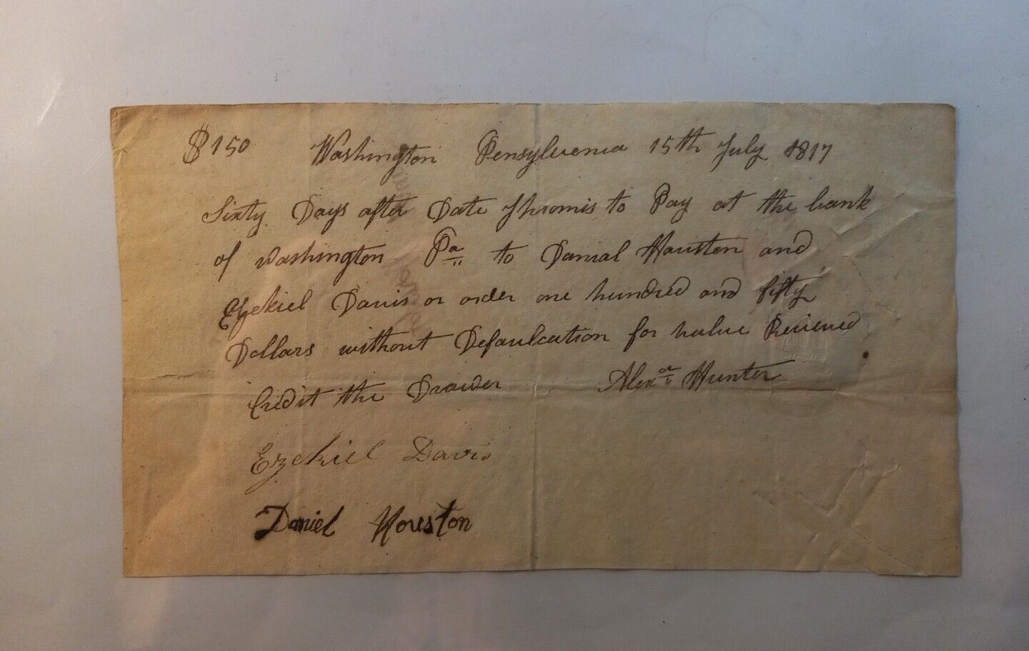 1817 Handwritten promissory note, Washington, Pennsylvania. For Payment of $150