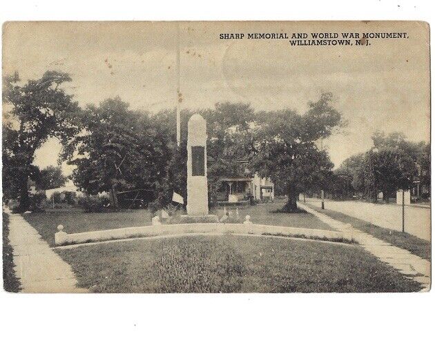 c1940 Sharp Memorial World War Monument Williamstown New Jersey NJ Postcard