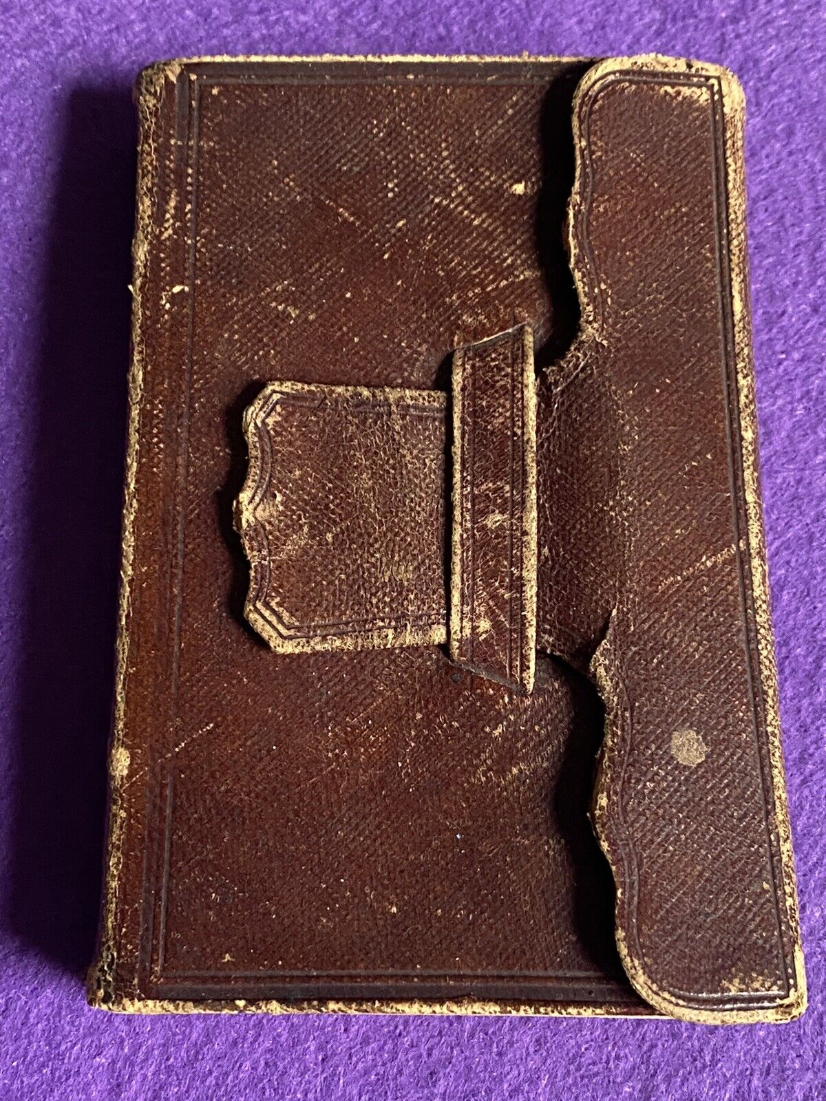 Civil War era 1857 Bible. Leather Wallet Style, Sage Fabric Cross, Inscription