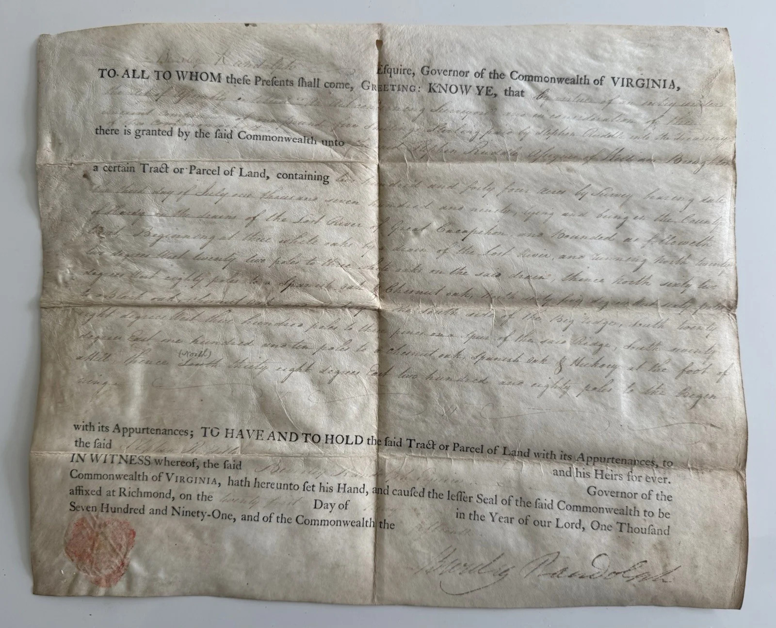 1791 Virginia Land Grant Signed By Governor Randolph 1791 Virginia Land Grant Signed By Governor Randolph