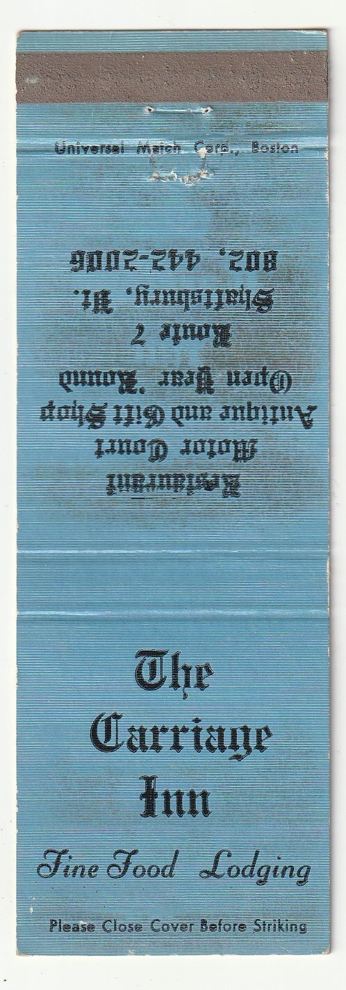 MATCHBOOK COVER - THE CARRIAGE INN - SHAFTSBURY VERMONT - MOTOR COURT RESTAURANT MATCHBOOK COVER - THE CARRIAGE INN - SHAFTSBURY VERMONT - MOTOR COURT RESTAURANT