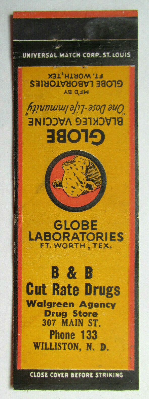 B&B Cut Rate Drugs - Williston, North Dakota 20 Strike Matchbook Cover Globe Lab