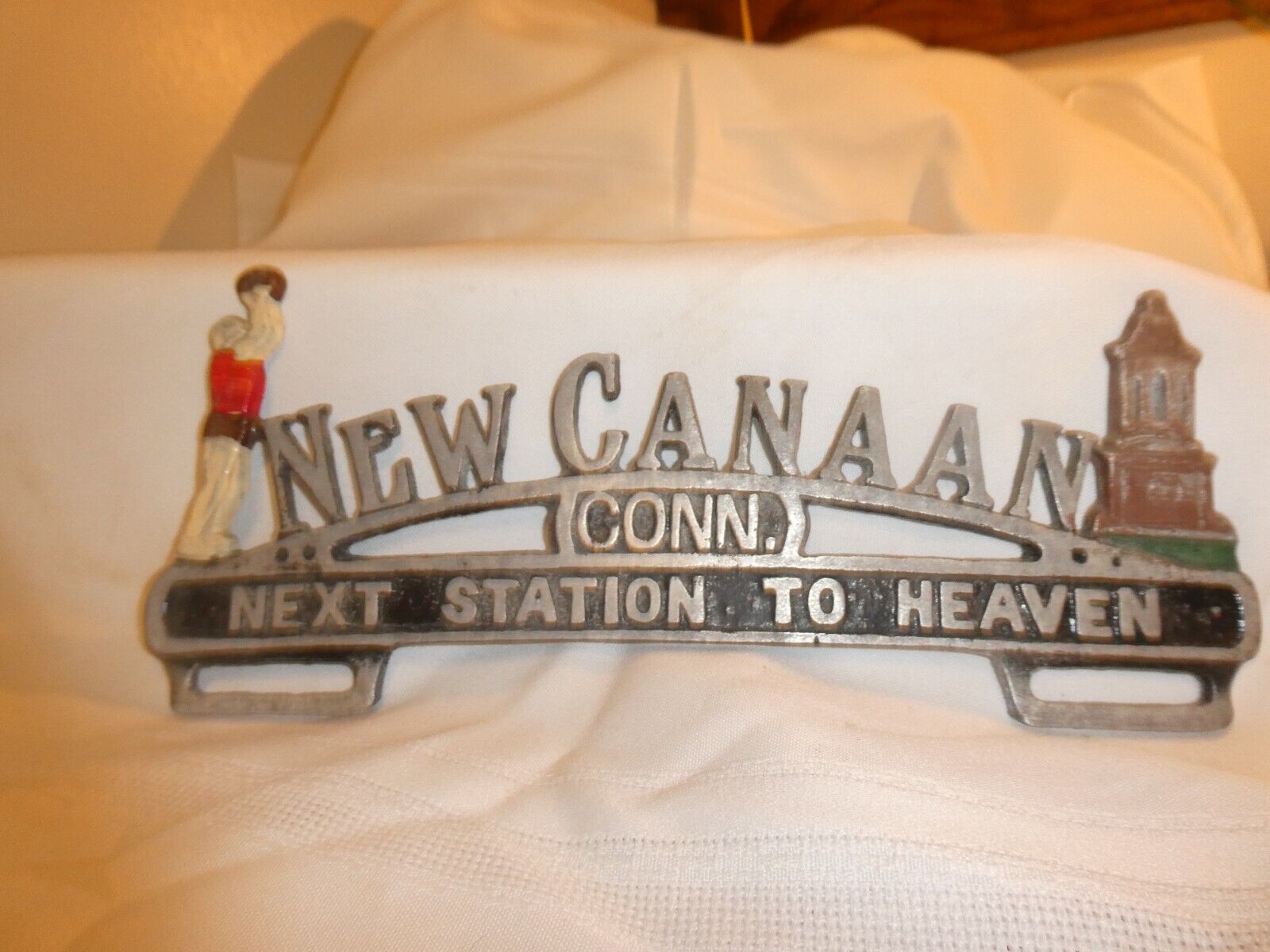 ALUMINUM -NEW CANAAN CONN. NEXT STATION TO HEAVEN LICENSE PLATE TOPPER