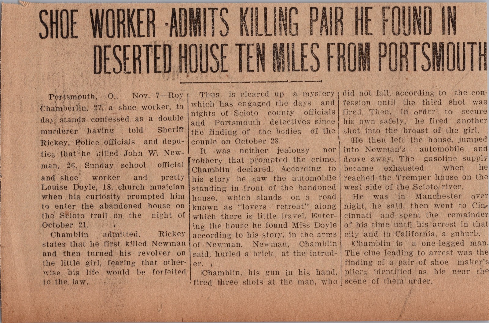 1921 Portsmouth OH Double Murder Confession Roy Chamberlin Newspaper Ohio 1921 Portsmouth OH Double Murder Confession Roy Chamberlin Newspaper Ohio