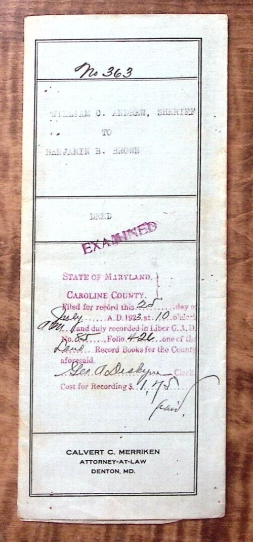 1923 CAROLINE COUNTY MARYLAND SHERIFF WILLIAM C ANDREW DEED 90 ACRE TRACT Z3601