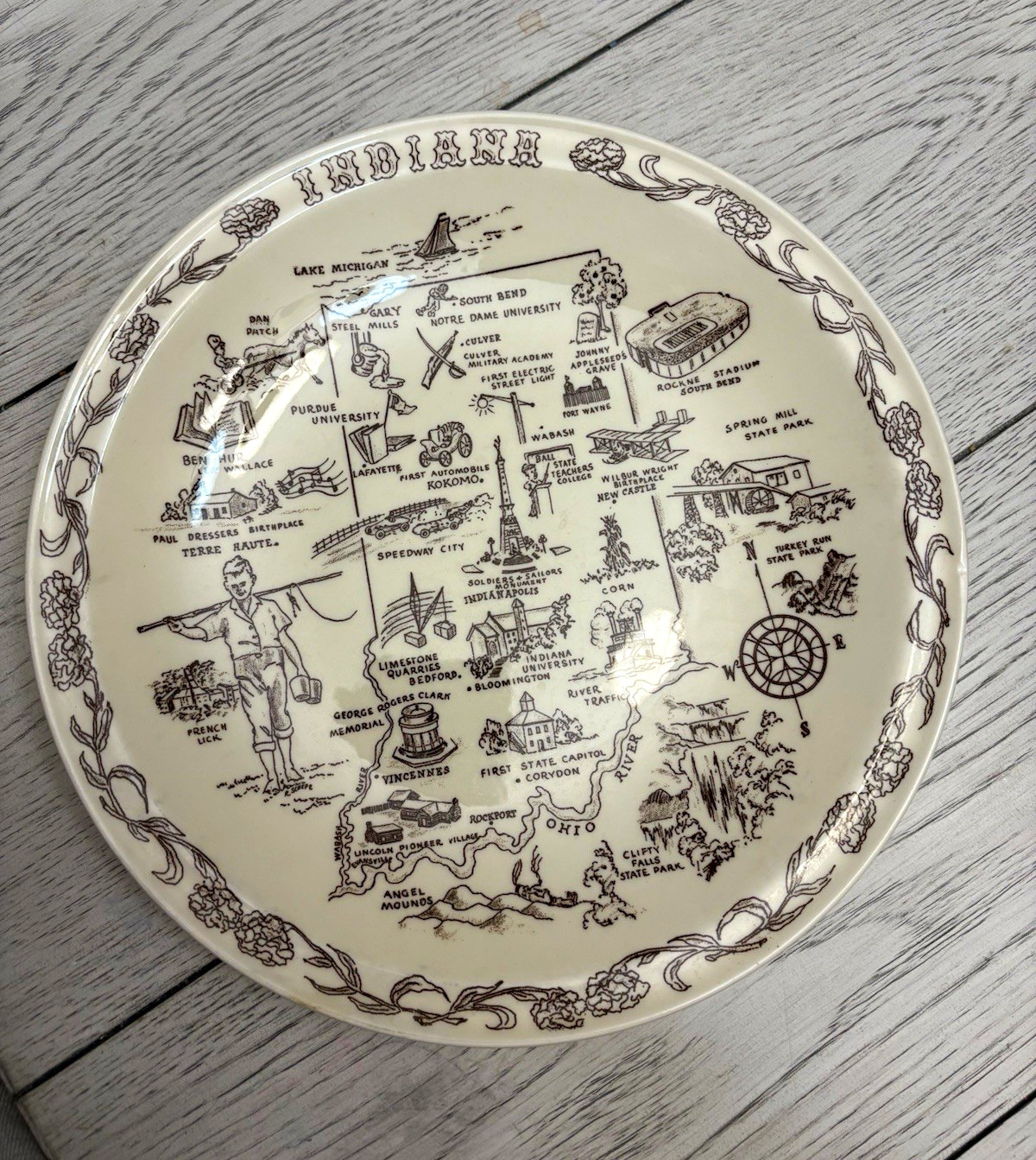 Vintage Vernon Kilns Indiana Souvenir Plate National China Marion IN Hoosier Map