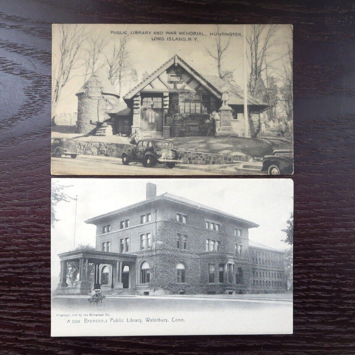 Public Library Postcards (2) Vintage B&W Huntington NY & Waterbury, CT Unposted