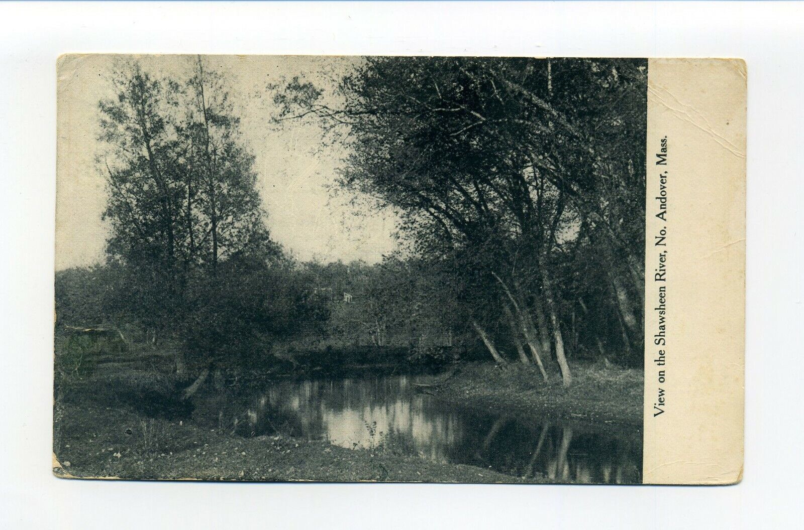 North Andover MA Mass 1913 postcard, View Shawsheen River, msg - Church Music