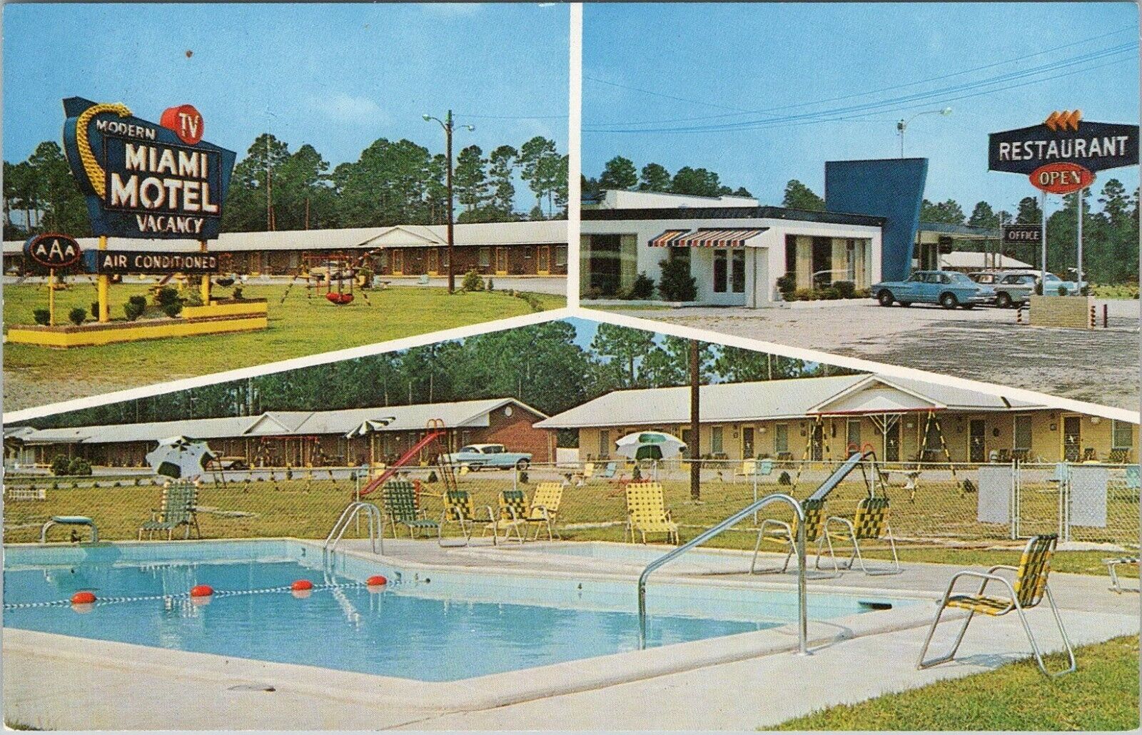 VIntage chrome postcard, Miami Motel and Restaurant, Claxton, Georgia 