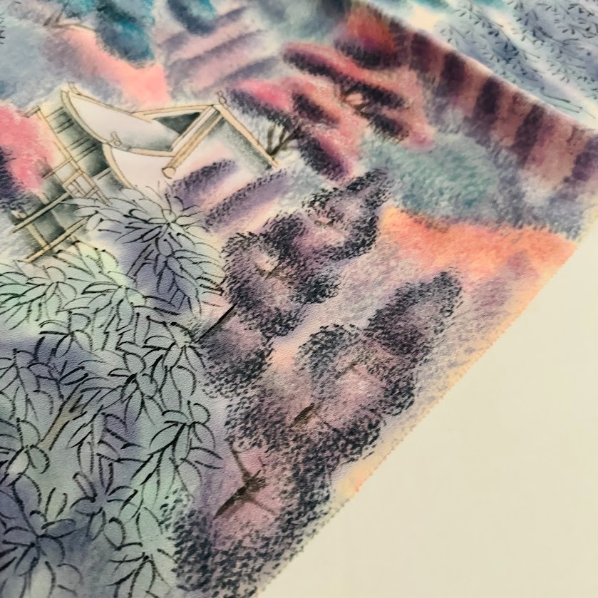 Pastel Hillside #B 14x62 LONG Vintage Japanese Hand Painted Silk Fabric RX62