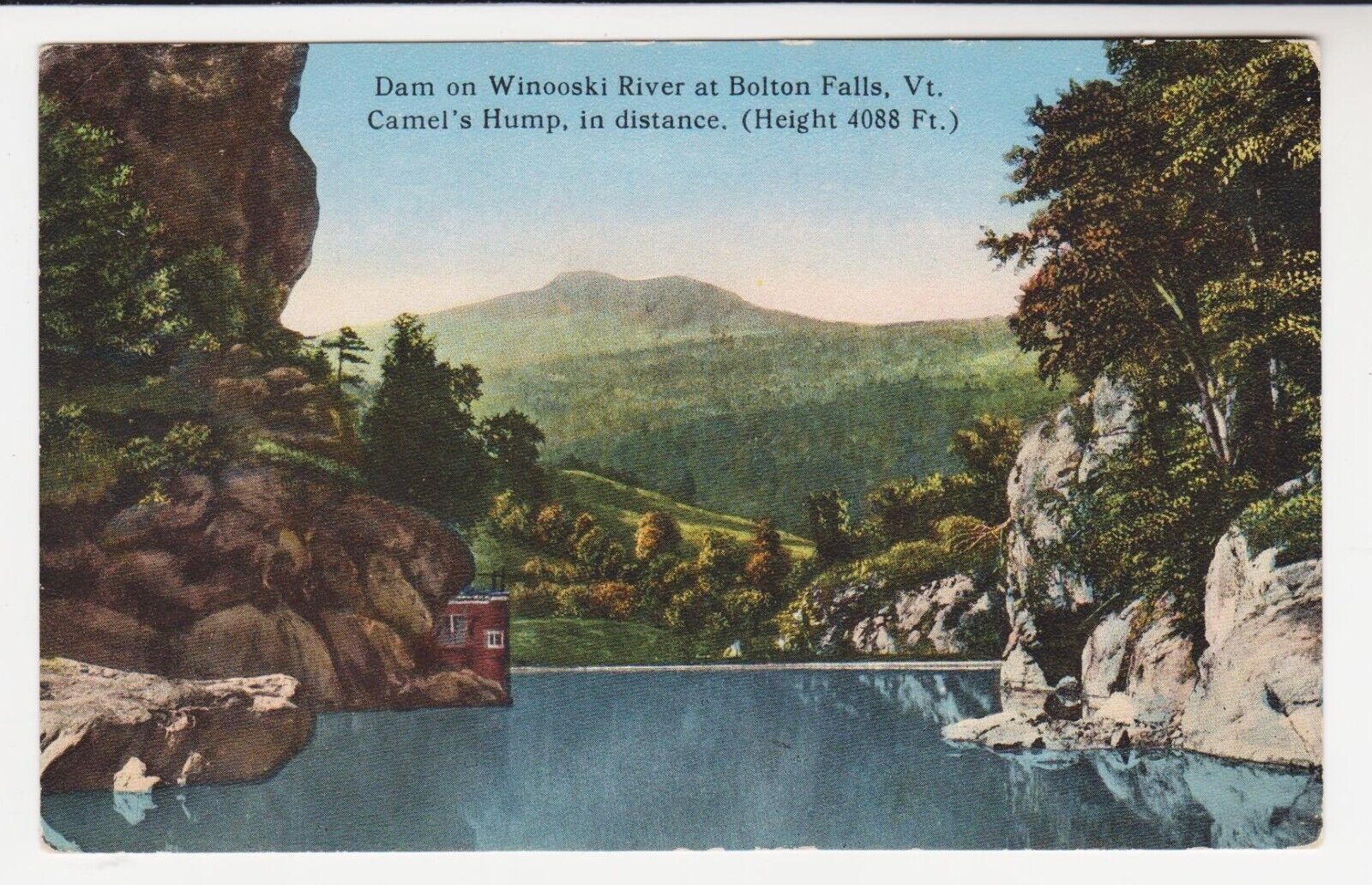 DAM on WINOOSKI RIVER at BOLTON FALLS, VT. – CAMEL’S HUMP – 1915 Postcard